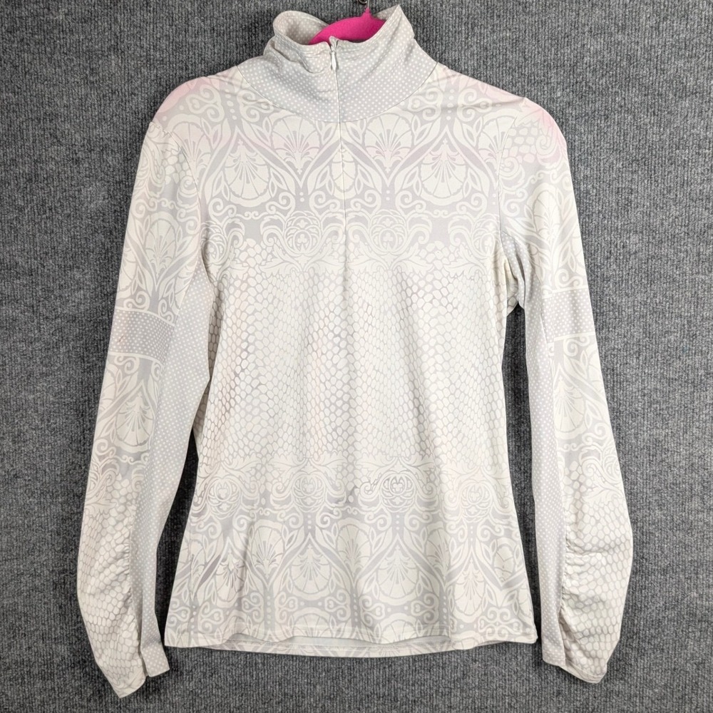 Prana Womens Small Gray White Damask Print Quarter Zip Long Sleeve Active Top